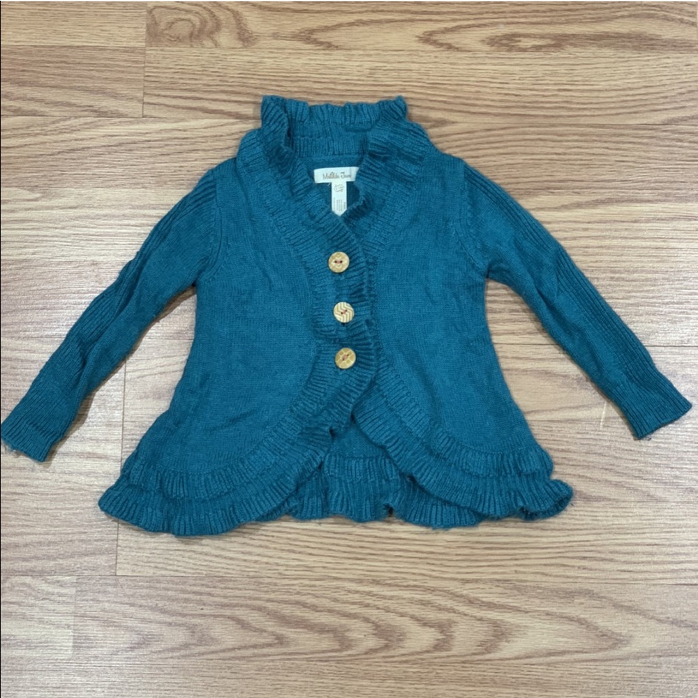 Matilda Jane Girls Teal Button Up Ruffled Sweater